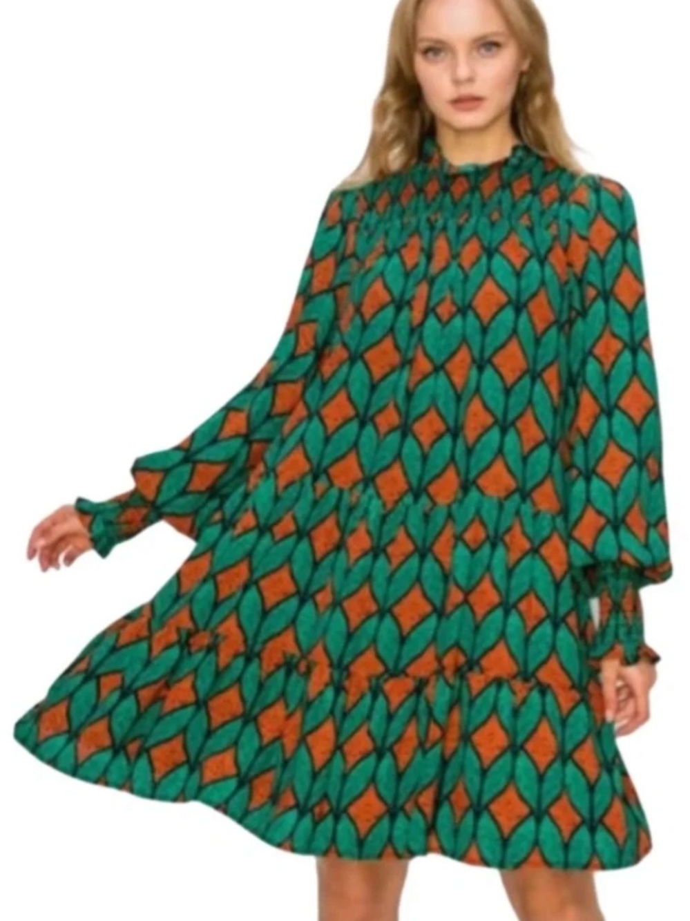 Melloday | Women’s Green/Orange/Black Geometric Print Long Sleeve Swing Dress S